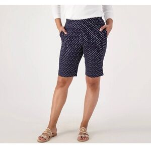 NWT Susan Graver Printed Textured Reg Stretch Woven Pull On Shorts Navy Womens